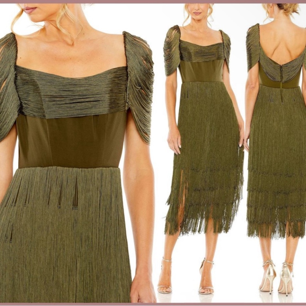 New! Mac Duggal 20568 Short Sleeve Fringe Detailed Midi Dress Olive Sz 8 $898